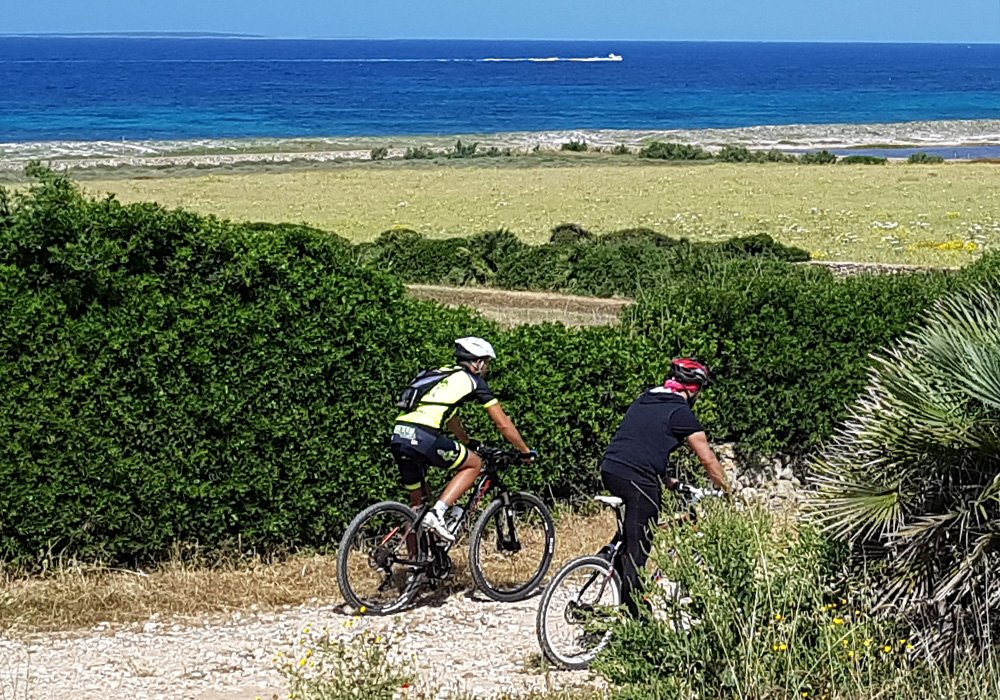 Ciclista pedala tra la vegetazione vicino al mare nel Sinis
